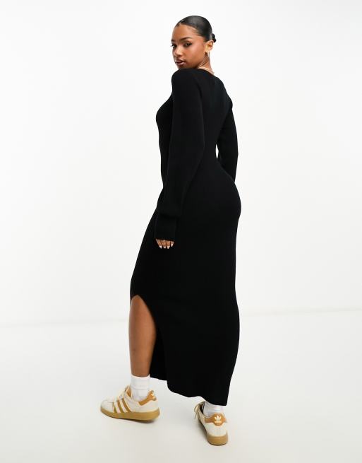 Pieces balloon sleeve knitted maxi jumper dress in black