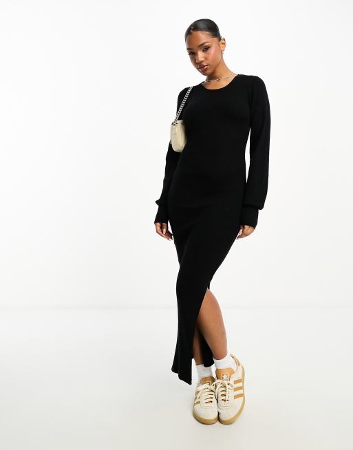 Pieces balloon sleeve knitted maxi sweater dress in black