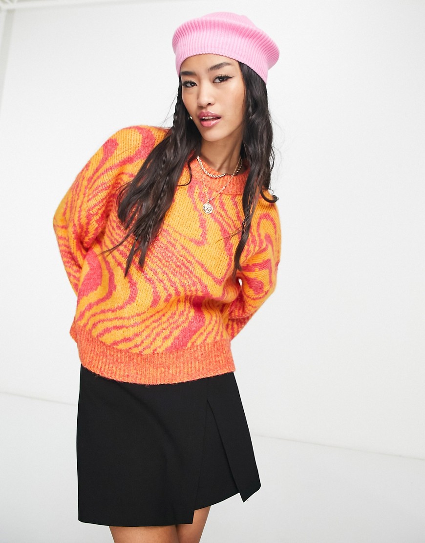 Pieces balloon sleeve sweater in orange swirl print-Multi