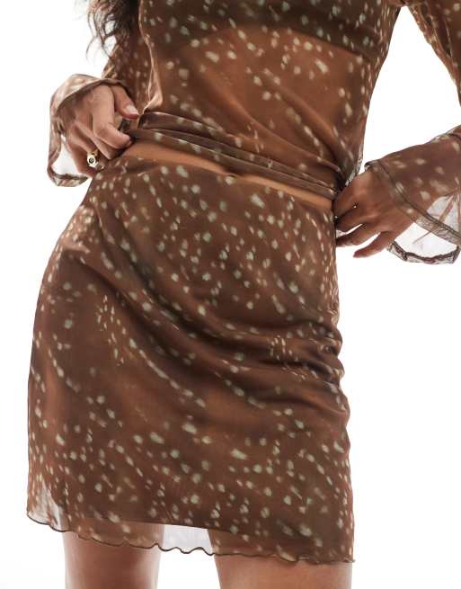 Pieces bambi print mesh mini skirt in brown - part of a set