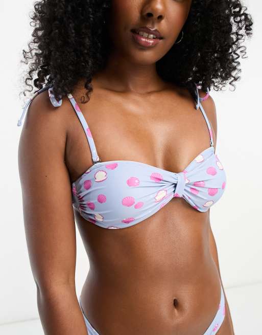 Pieces bandeau bikini top & bottoms in blue seashell print