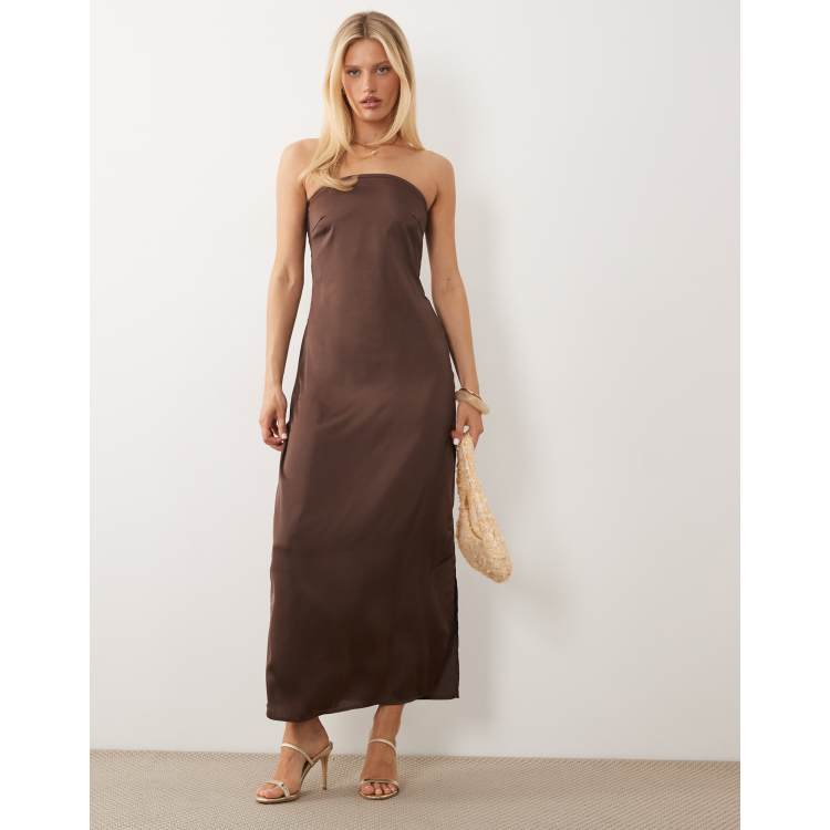 Pieces bandeau maxi satin dress in coffee brown | ASOS