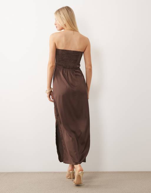 Pieces bandeau maxi satin dress in coffee brown | ASOS