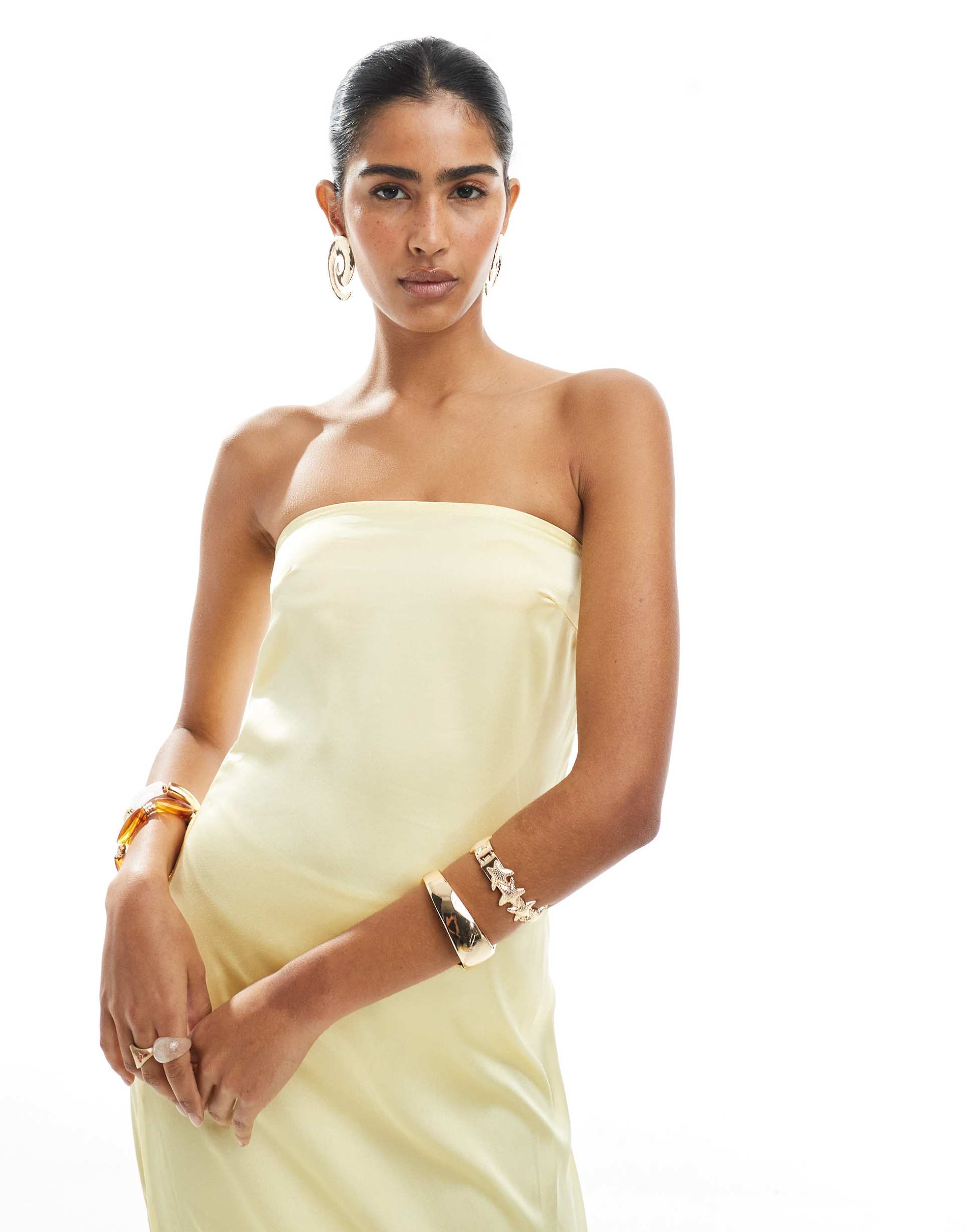 pieces bandeau maxi satin dress in pale banana