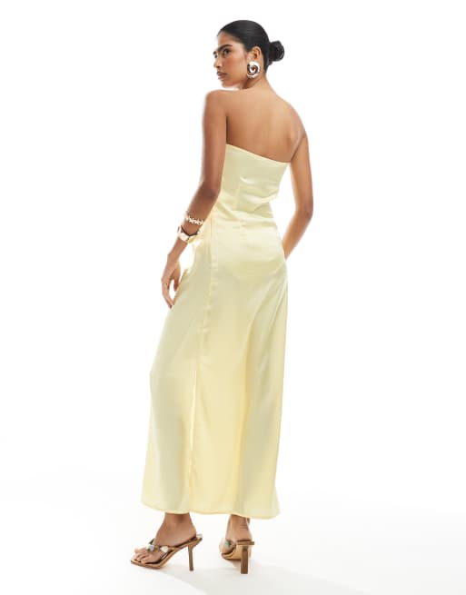 Pieces bandeau maxi satin dress in pale banana