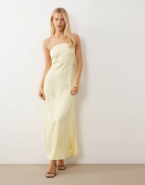 Pieces bandeau maxi satin dress in pale banana - view 1