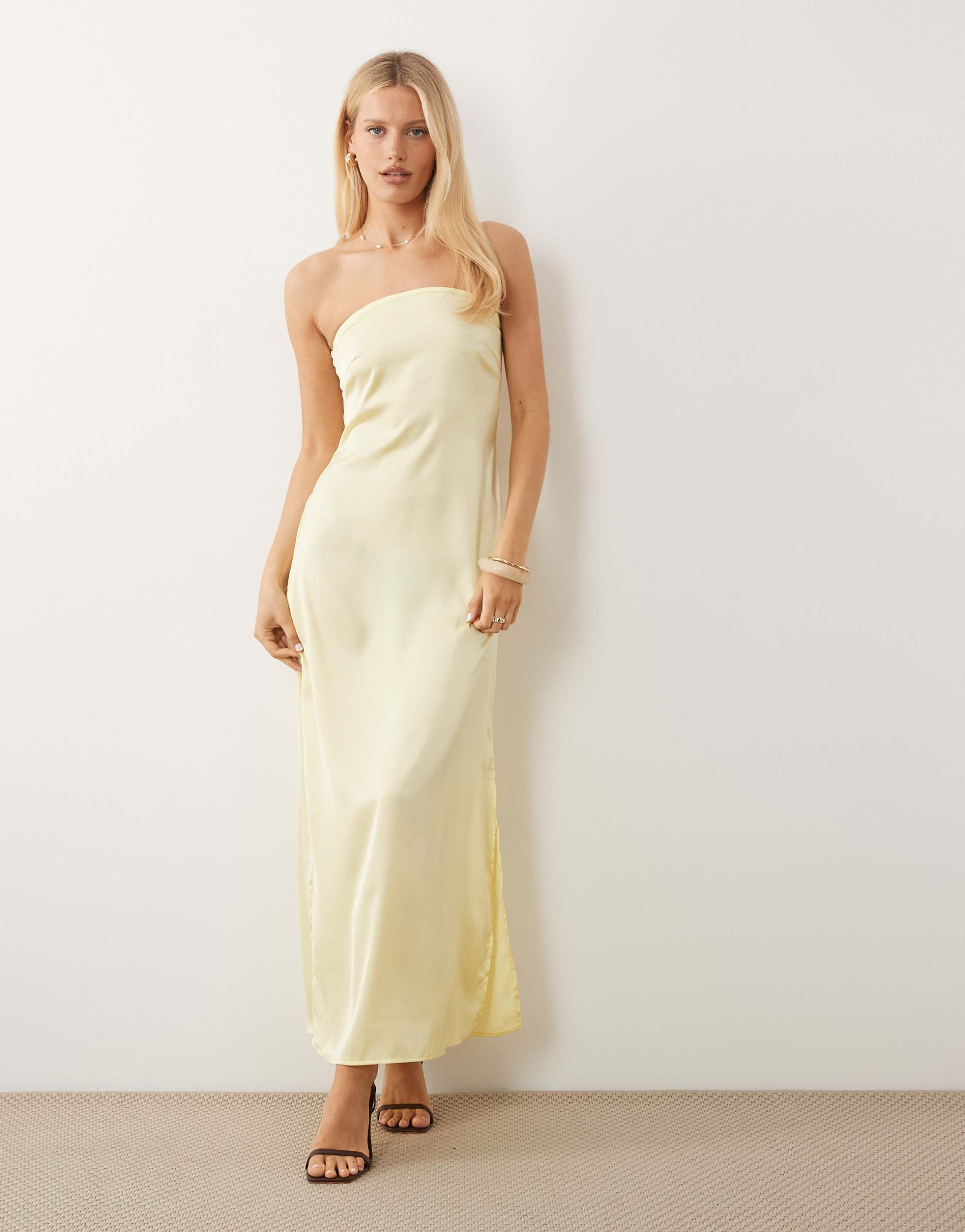 pieces bandeau maxi satin dress in pale banana