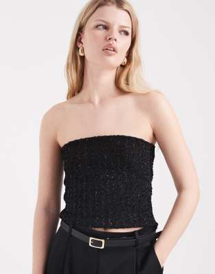 Pieces Bandeau Sequin Top In Black