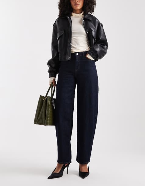 Pieces barrell leg jeans in dark indigo blue