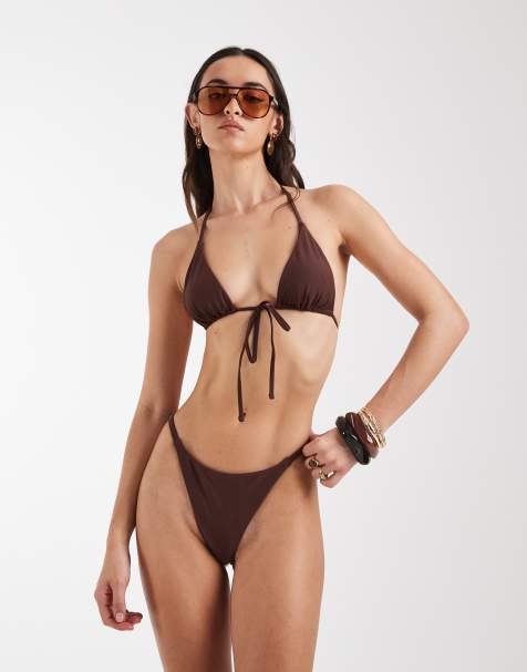 Pieces - Bas de bikini d'ensemble coupe string ajustable - Marron acajou foncé - view 1