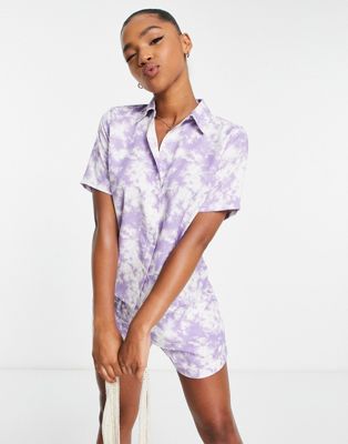 Pieces beach shirt co-ord in lilac tie dye