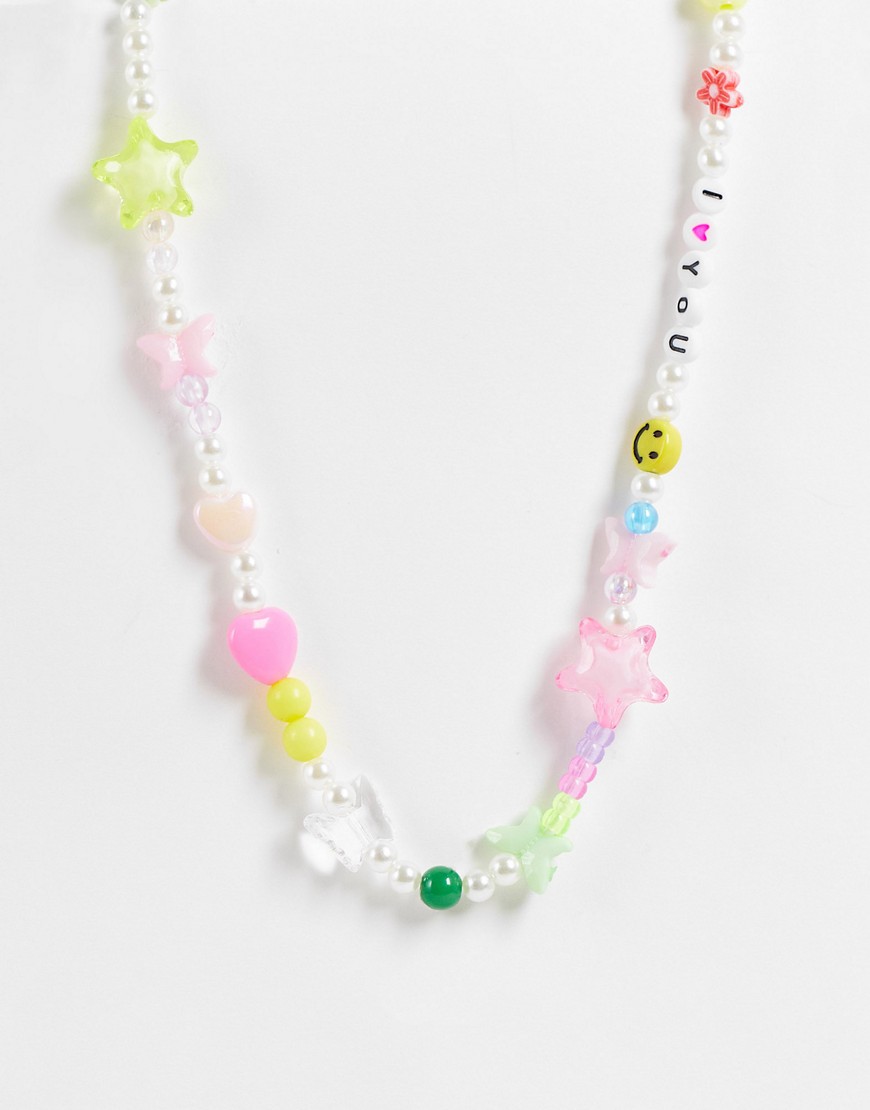 Pieces beaded 'i heart you' necklace in multi-Gold