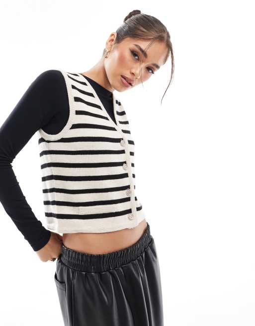 PIECES - Beige og stribet vest med gyldne knapper