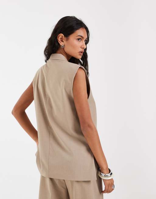 Pieces - Beige skræddersyet longline-vest - Del af sæt, 4 af 4