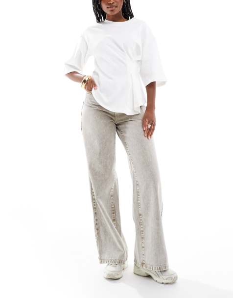 Pieces – Beige, tvättade jeans med vida ben - view 1