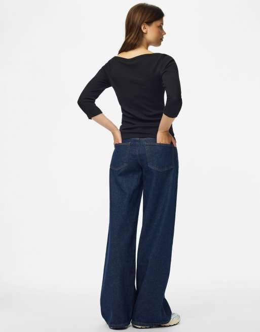 Pieces Bella jersey-top med slim fit, bådudskæring, 3/4-ærmer og stretch i sort, 2 af 7