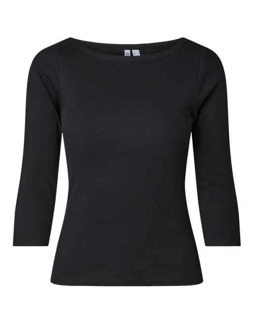 Pieces Bella jersey-top med slim fit, bådudskæring, 3/4-ærmer og stretch i sort, 6 af 7