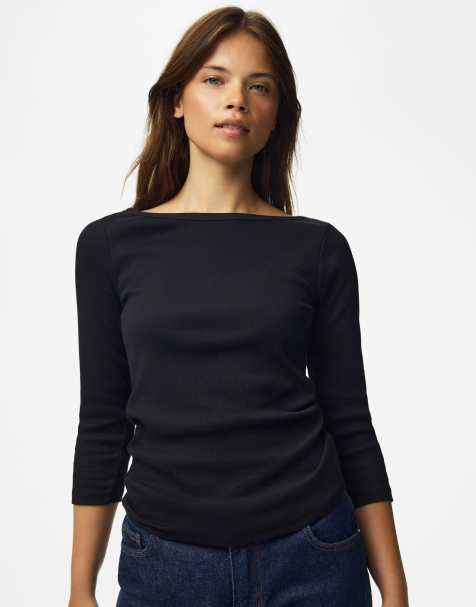 Pieces Bella top in jersey slim fit con scollo a barchetta, maniche a 3/4, elasticizzato, nero - view 1