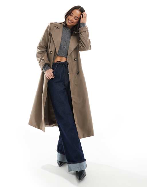 Pieces belted trench coat in lentil brown