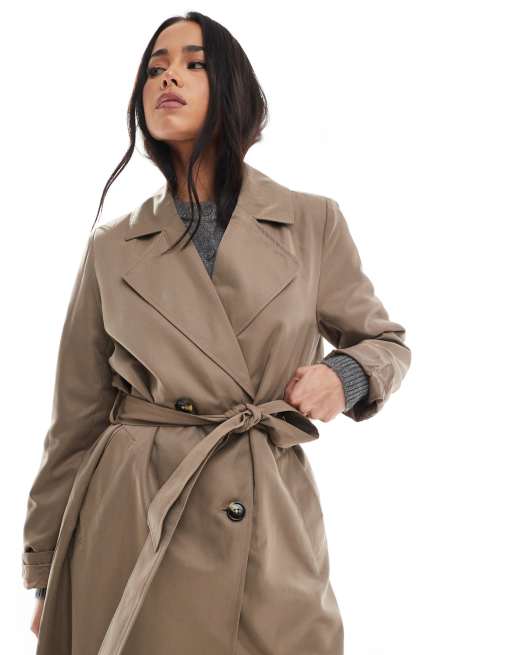 Pieces belted trench coat in lentil brown