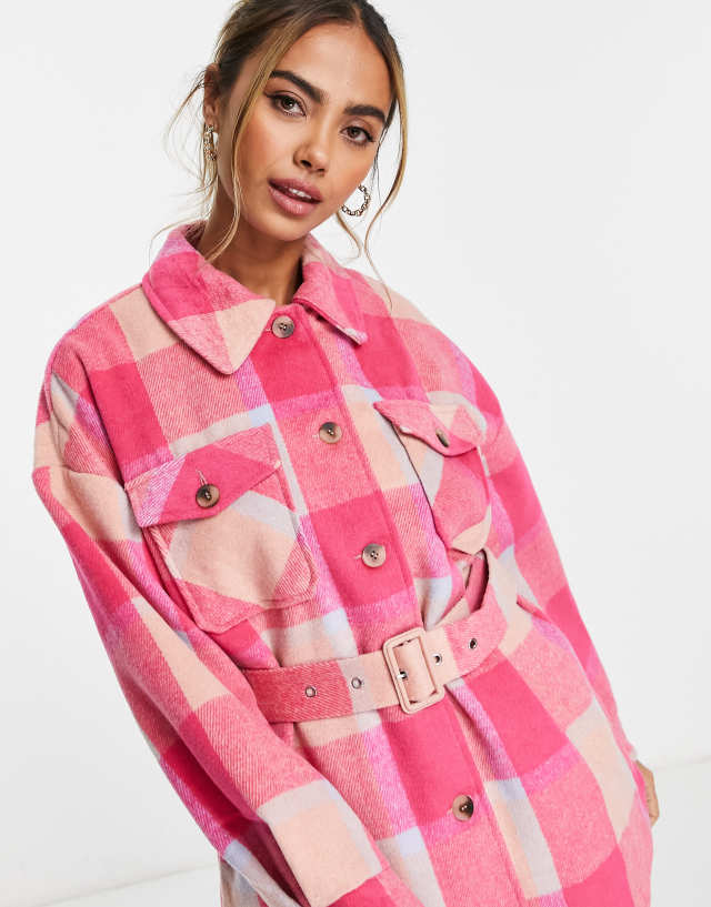 Pieces - belted waist shacket in pink check