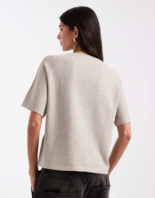 Pieces – Beżowy melanżowy sweter dzianinowy z krótkimi rękawami, 3 z 4