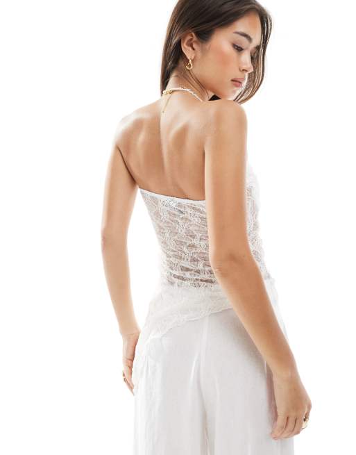 Pieces – Biał y asymetryczny top z koronki z dekoltem bandeau, 4 z 4