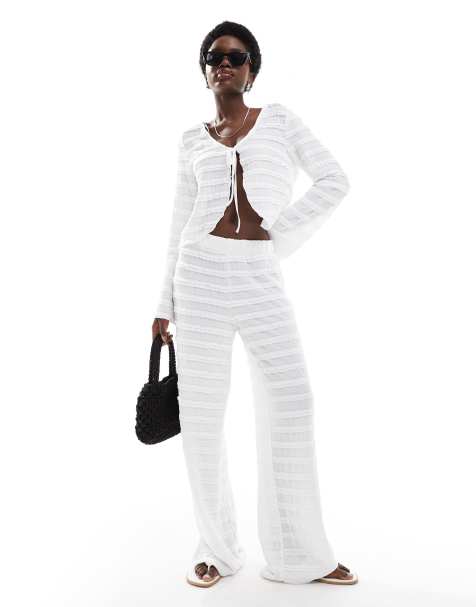 Pieces textured wide leg trouser co-ord in white