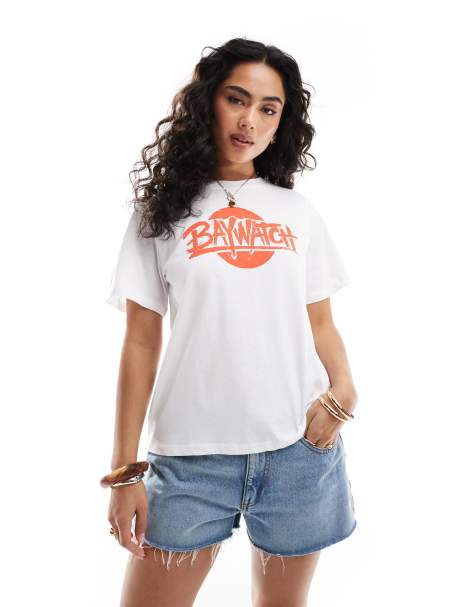 Pieces – Biały T-shirt o kroju boyfriend z grafiką „Baywatch“ - view 1