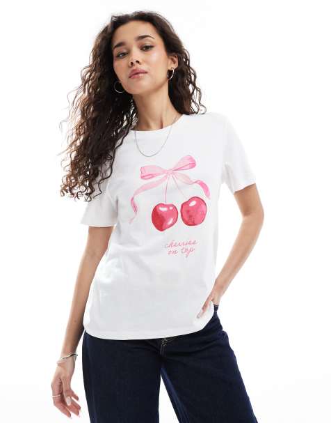 Pieces – Biały T-shirt o kroju boyfriend z motywem wisienek - view 1