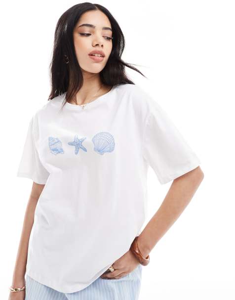 Pieces – Biały T-shirt oversize z grafiką muszelek - view 1