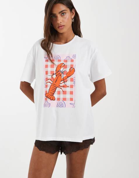 Pieces – Biały T-shirt z nadrukiem z motywem homara - view 1
