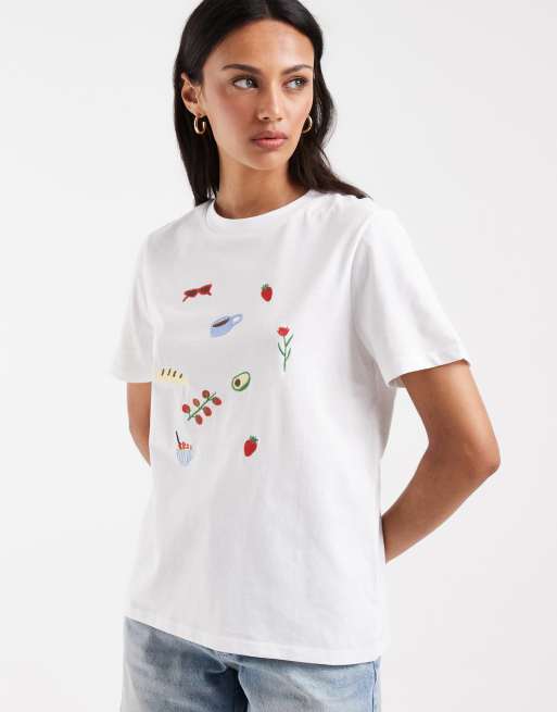 Pieces – Biały T-shirt z wyhaftowanymi motywami, 2 z 4