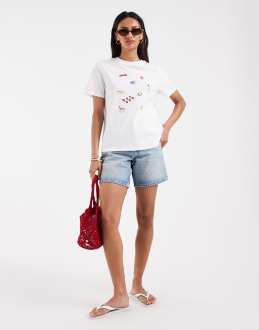 Pieces – Biały T-shirt z wyhaftowanymi motywami, 3 z 4