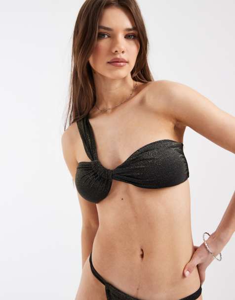 Pieces - Bikini con top monospalla e slip con fascette laterali nero e oro glitterato - view 1