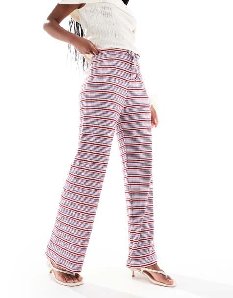 Pieces – Blå och vinröda, randiga, ribbade byxor med vida ben - view 1