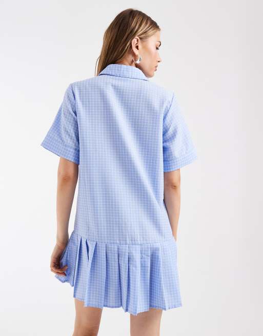 Pieces - Blå og hvid mini-skjortekjole med sænket talje, plisseringer og gingham-tern , 4 af 4