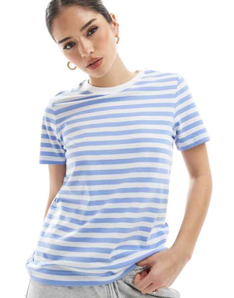 Pieces - Blå- og hvidstribet T-shirt med korte ærmer og firkantet pasform - view 1