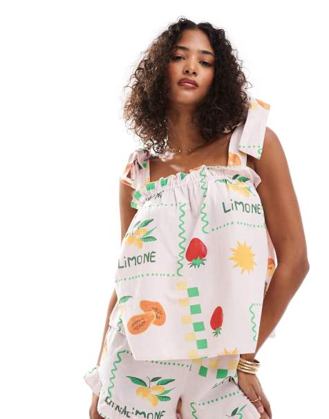 Pieces tie shoulder smock top co-ord in pale pink based fruit print