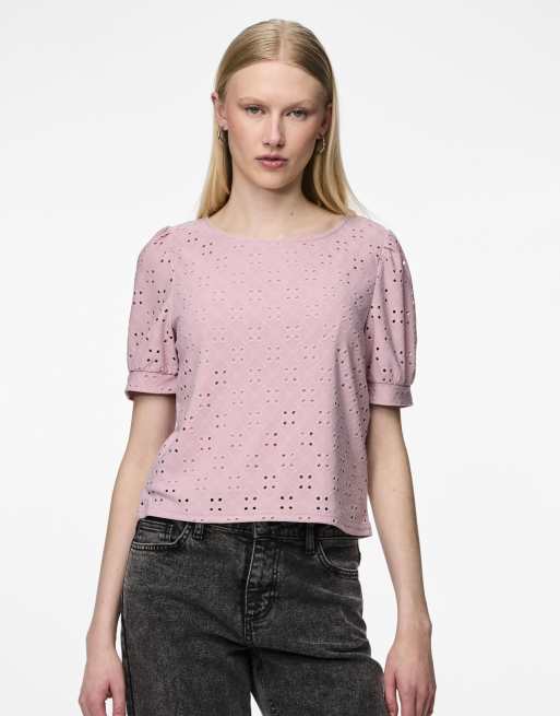 Pieces – Bladoróżowy top z krótkimi rękawami