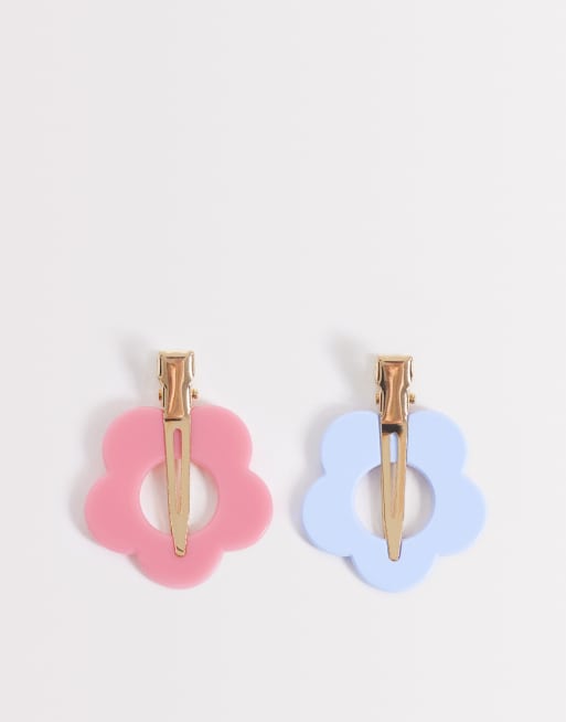 Pieces – Blått och rosa hårspänne med retroblommor, 2-pack, 3 av 3