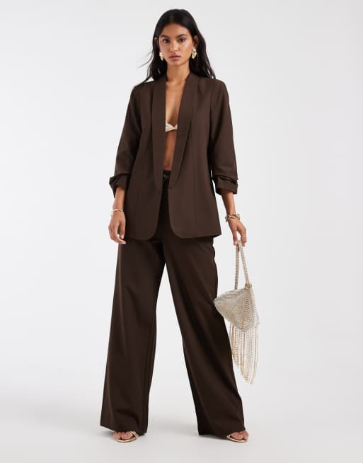 Pieces - Blazer ajusté à manches froncées - Marron chocolat, 2 de 4