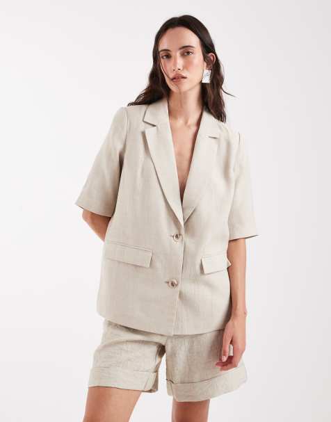 Pieces - Blazer d'ensemble ajusté aspect lin à manches courtes - Crème - view 1