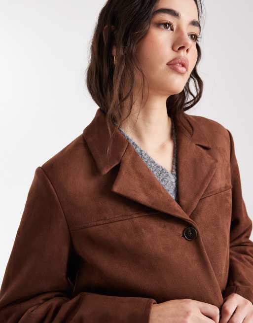 Pieces - Blazer d'ensemble en imitation daim - Marron moyen, 4 de 4