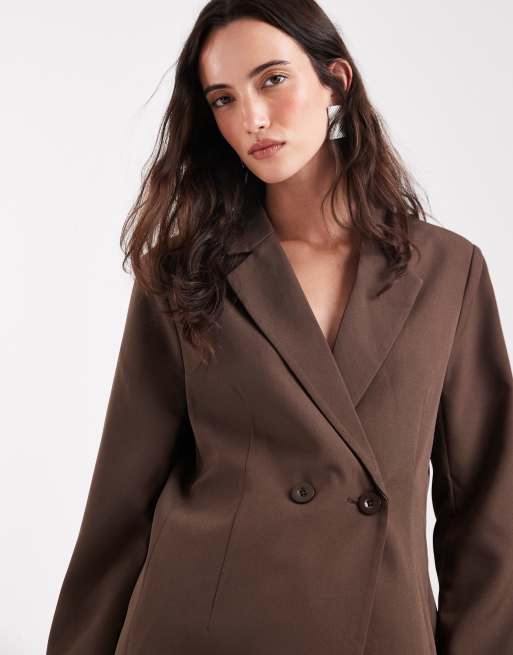 Pieces - Blazer doppiopetto oversize marrone cioccolato, 3 di 4