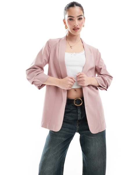 Pieces – Blazer mit gerüschten Ärmeln in Woodrose-Rosa - view 1