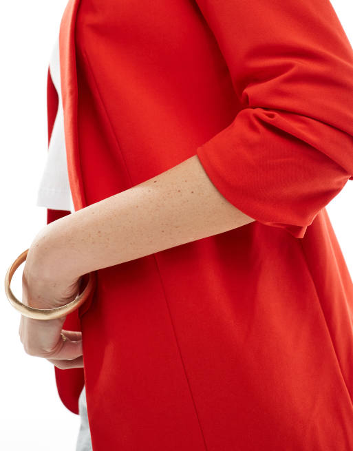 Pieces - Blazer rosso con maniche arricciate, 3 di 4