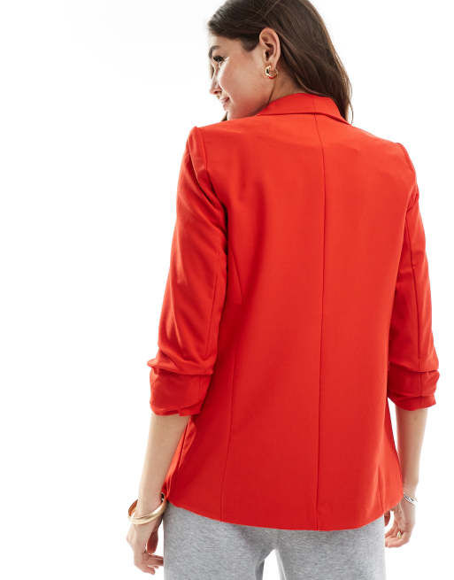 Pieces - Blazer rosso con maniche arricciate, 4 di 4