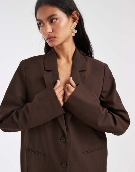 Pieces - Blazer sartoriale oversize marrone cioccolato in coordinato