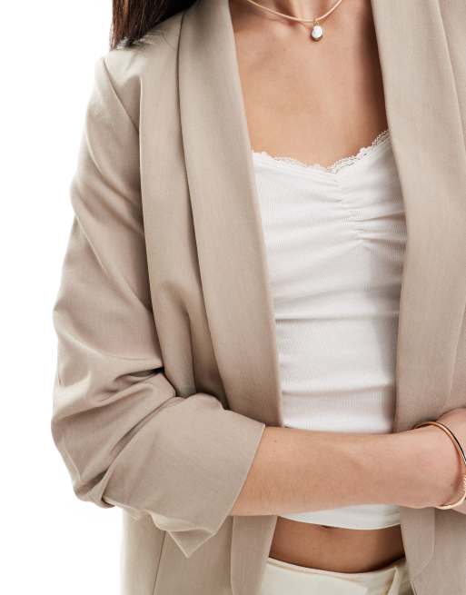 Pieces blazer with ruched sleeves in stone, 4 of 4